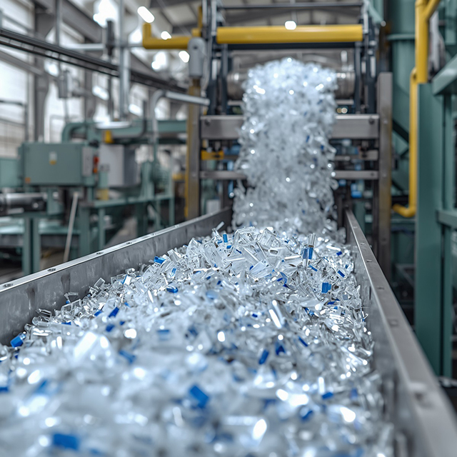 a PET flake washing line in operation inside a plastic recycling factory in Oman, showing clean PET flakes being processed through industrial machinery.jpg